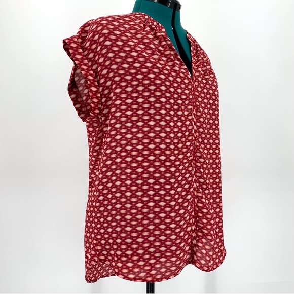 Pleione Burgundy and White Patterned Cap Sleeve Lightweight Blouse, Small - Picture 9 of 16